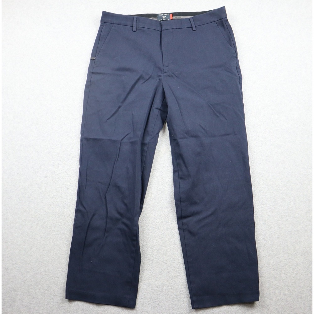 Dockers Pants Mens 34 Straight Fit Navy Blue Stretch Water Less Chino Trousers